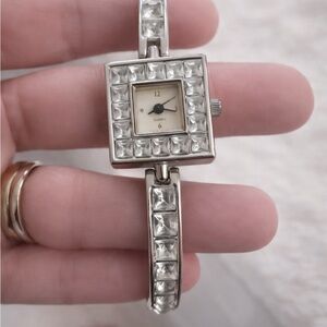 Yves Rocher Silver Tone Rhinestone Square Watch | Vintage Style Bracelet Watch
